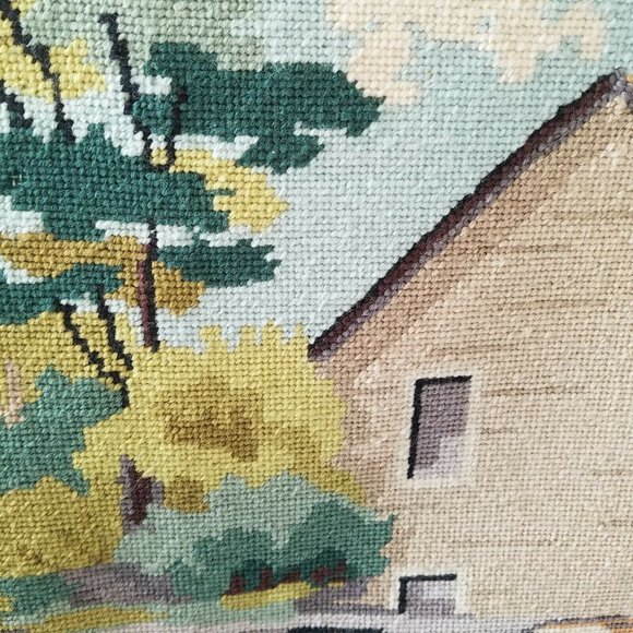 Vtg NEEDLEPOINT Tapestry- Cottage and Water Mill - Picture 8 of 10
